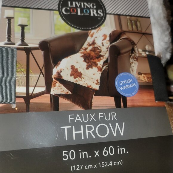 60" x 50" Faux Fur Cowhide Throw Blanket - Brown Cow Print - Solid Brown Reverse - Picture 2 of 3